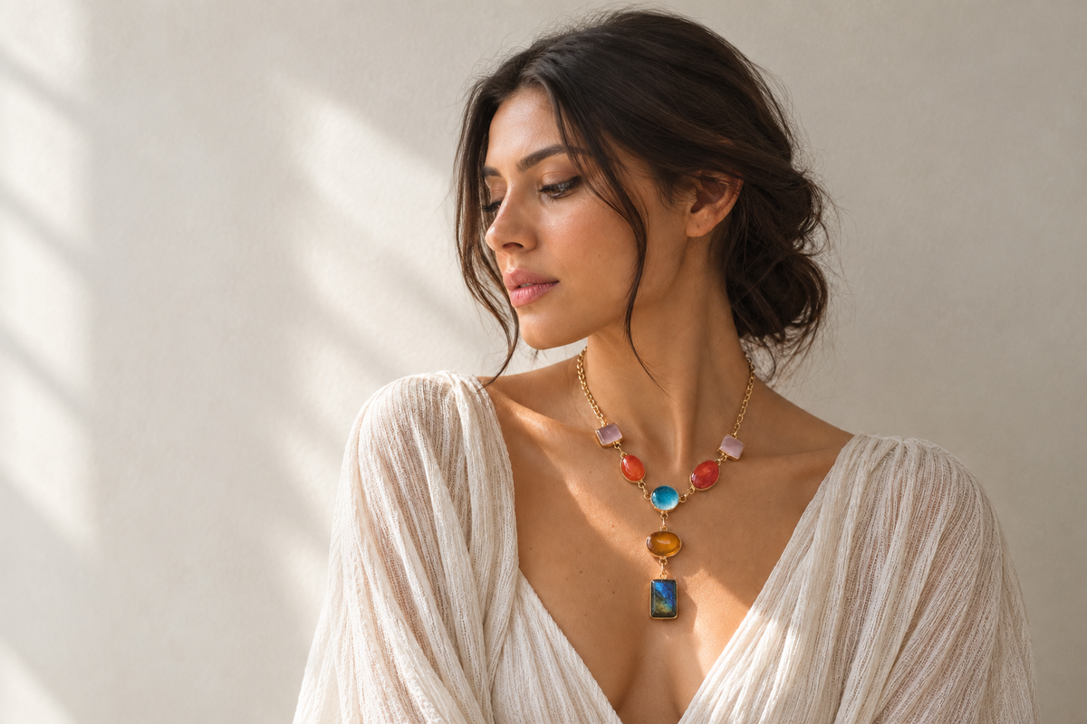 Sunset Mosaic Gemstone Pendant Necklace