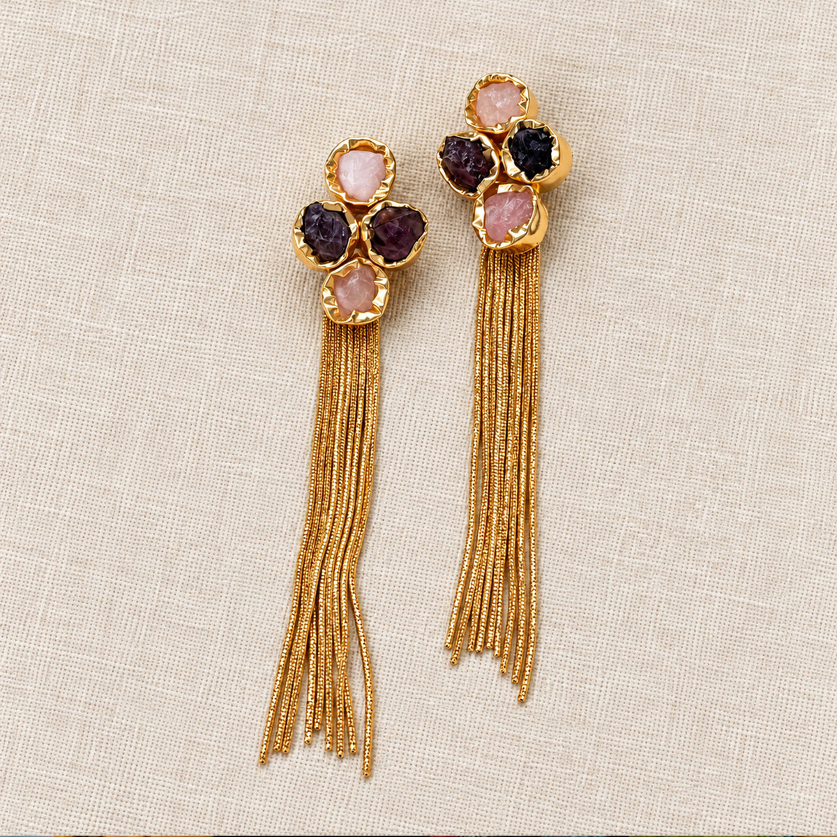 Fiora gold-tone tassel earrings with raw amethyst and blush natural stones