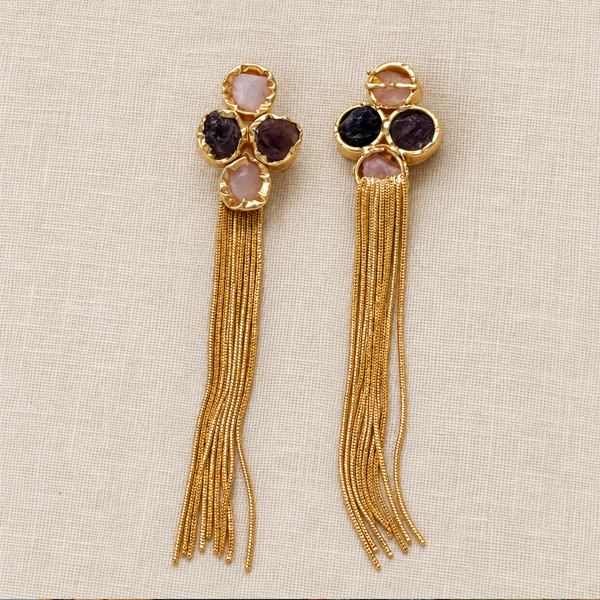 Front and back views of Fiora natural stone tassel earrings