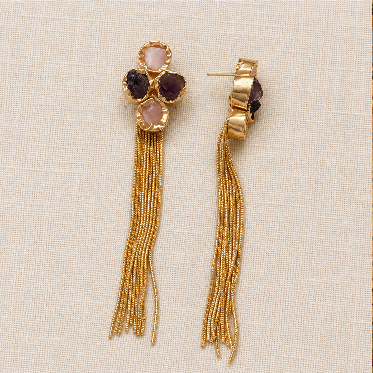 Front and side views showing Fiora earring posts and gold chain tassels
