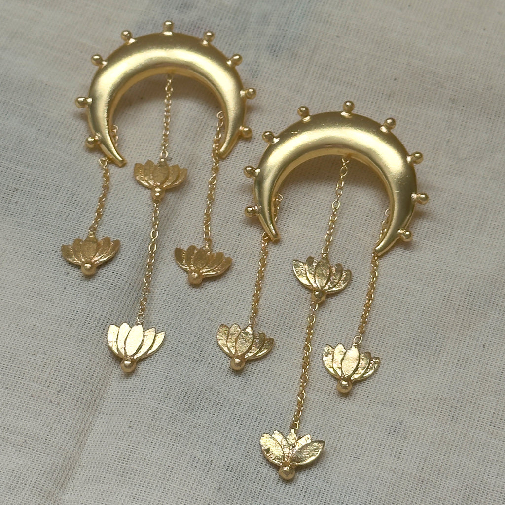 Nilofer crescent and lotus tassel earrings in gold tone