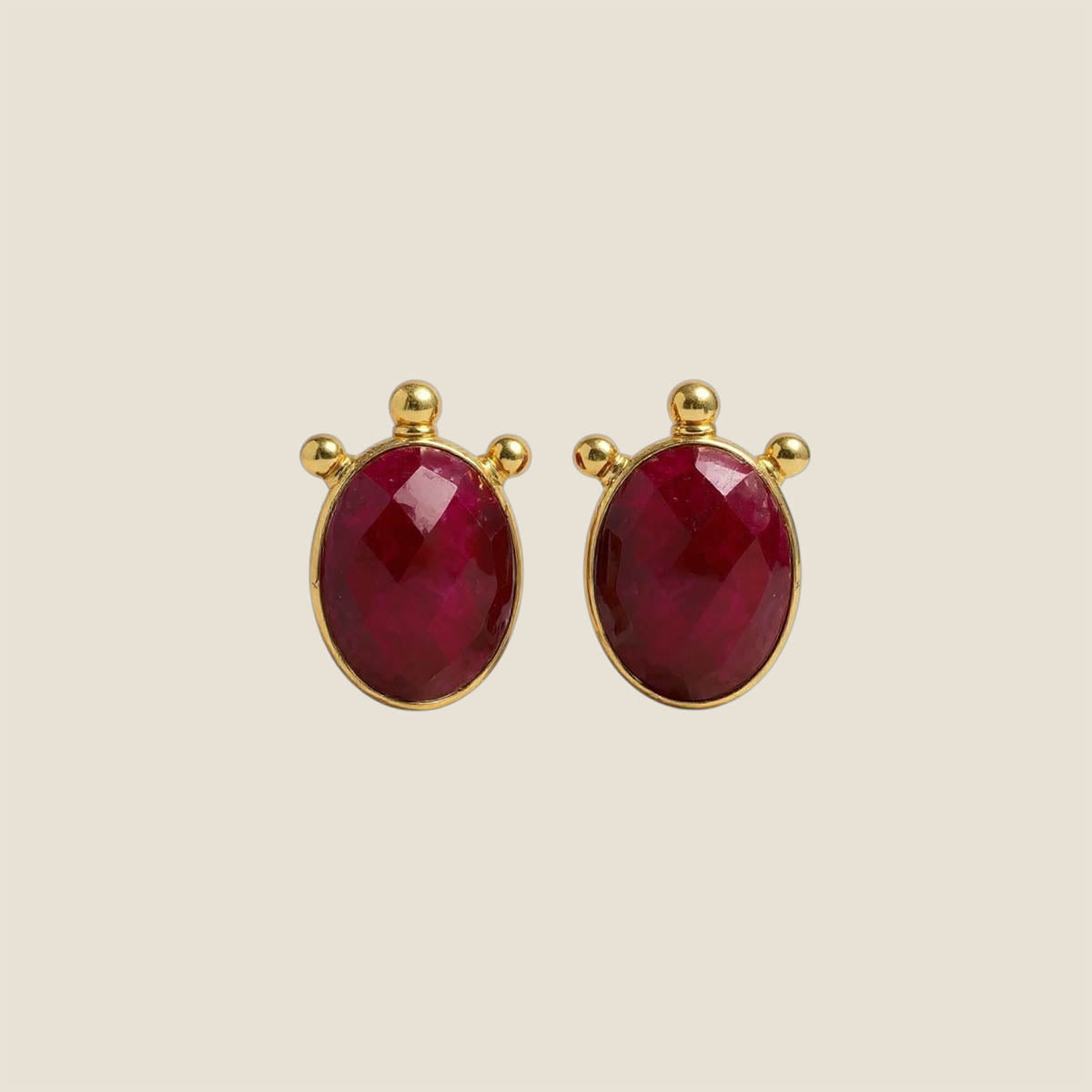 Virella Earrings – ruby jade stud earrings in gold plated brass  
Virella Earrings – radiant red gemstone earrings, elegant gift for her  