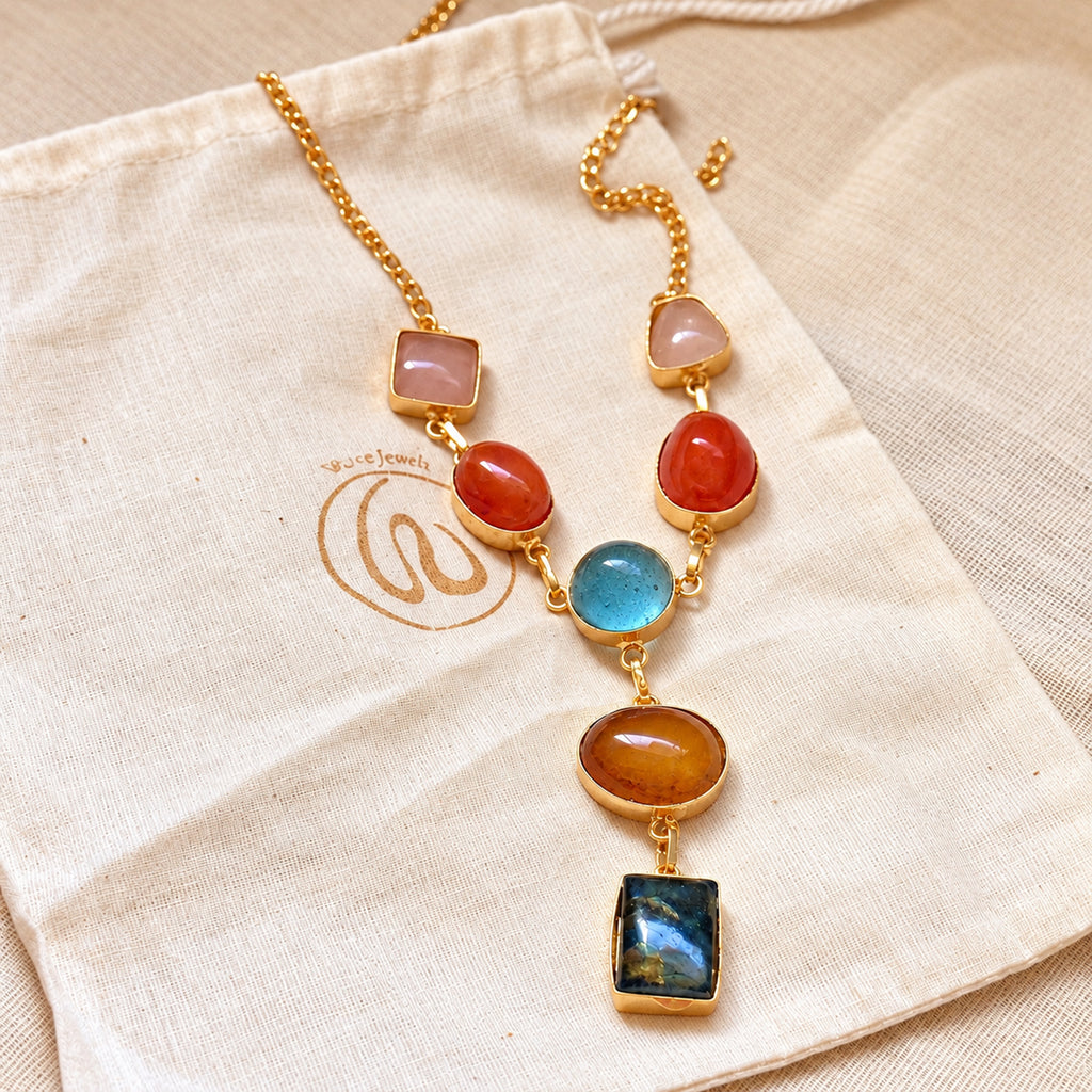 Detail view of labradorite-style pendant stone on gold necklace