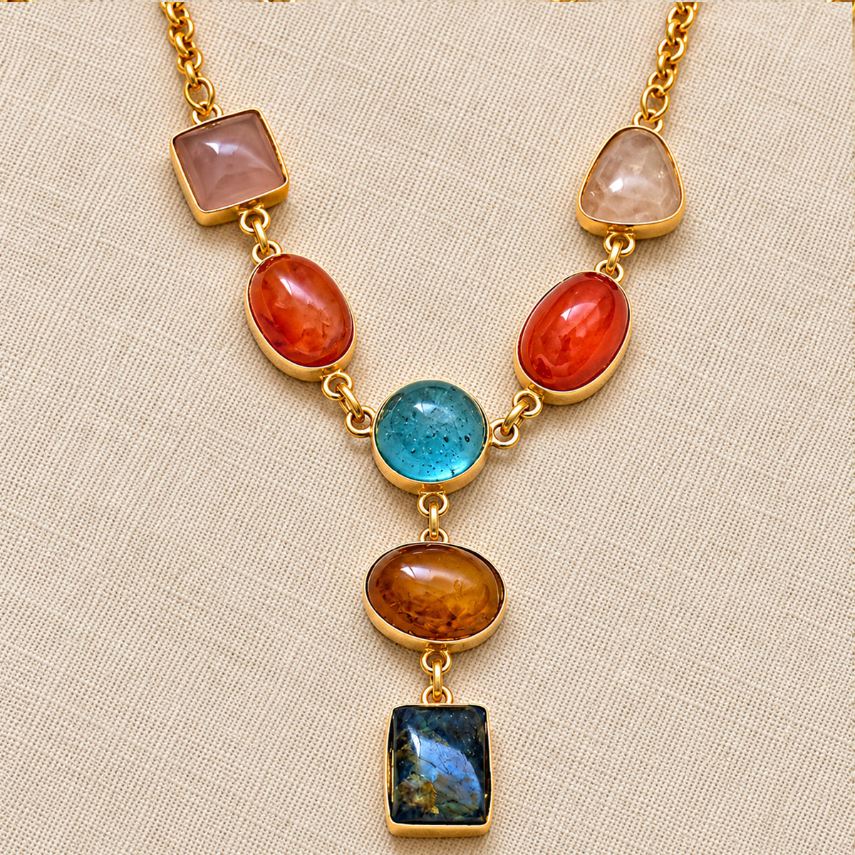 Sunset Mosaic Gemstone Pendant Necklace laid flat showing full chain and pendant