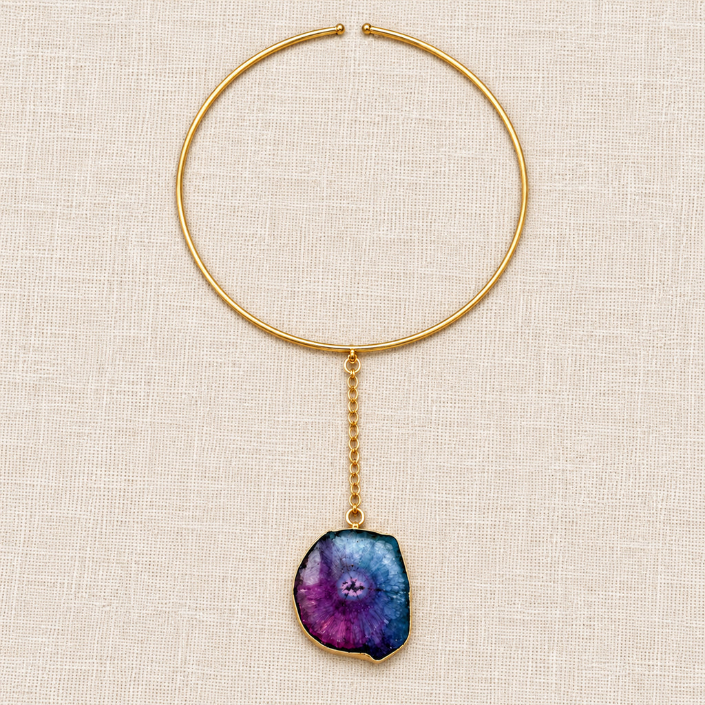 Prism collar necklace with a natural multicolor agate pendant and gold-tone setting