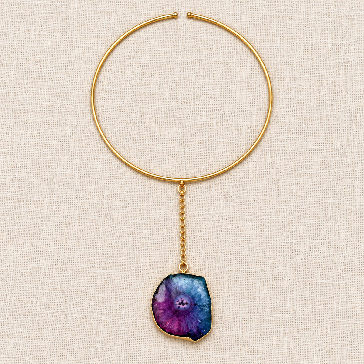 Prism collar necklace with a natural multicolor agate pendant and gold-tone setting