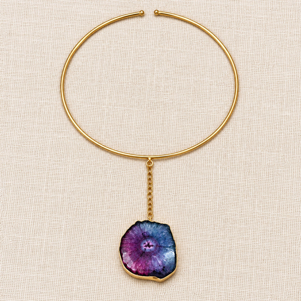 Close-up of the Prism necklace showing violet, blue and teal agate variations