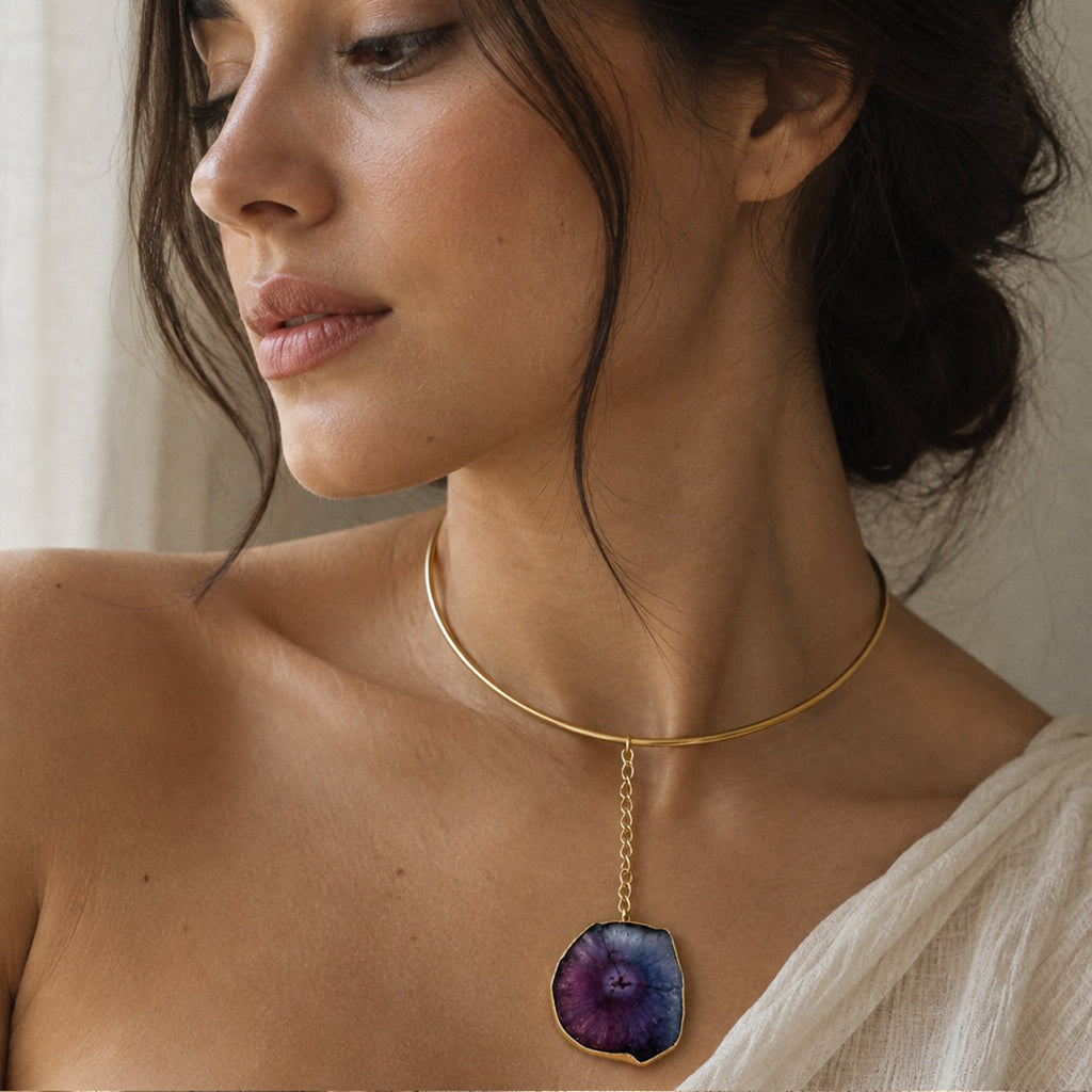 Model wearing the sculptural Prism Agate Collar Necklace