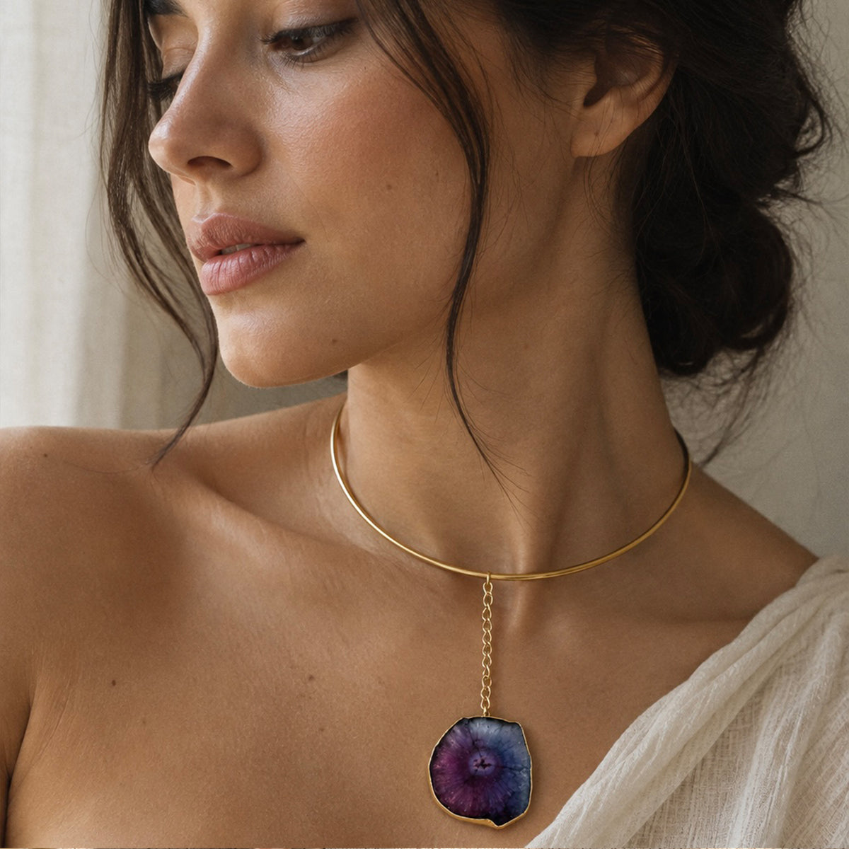Model wearing the sculptural Prism Agate Collar Necklace