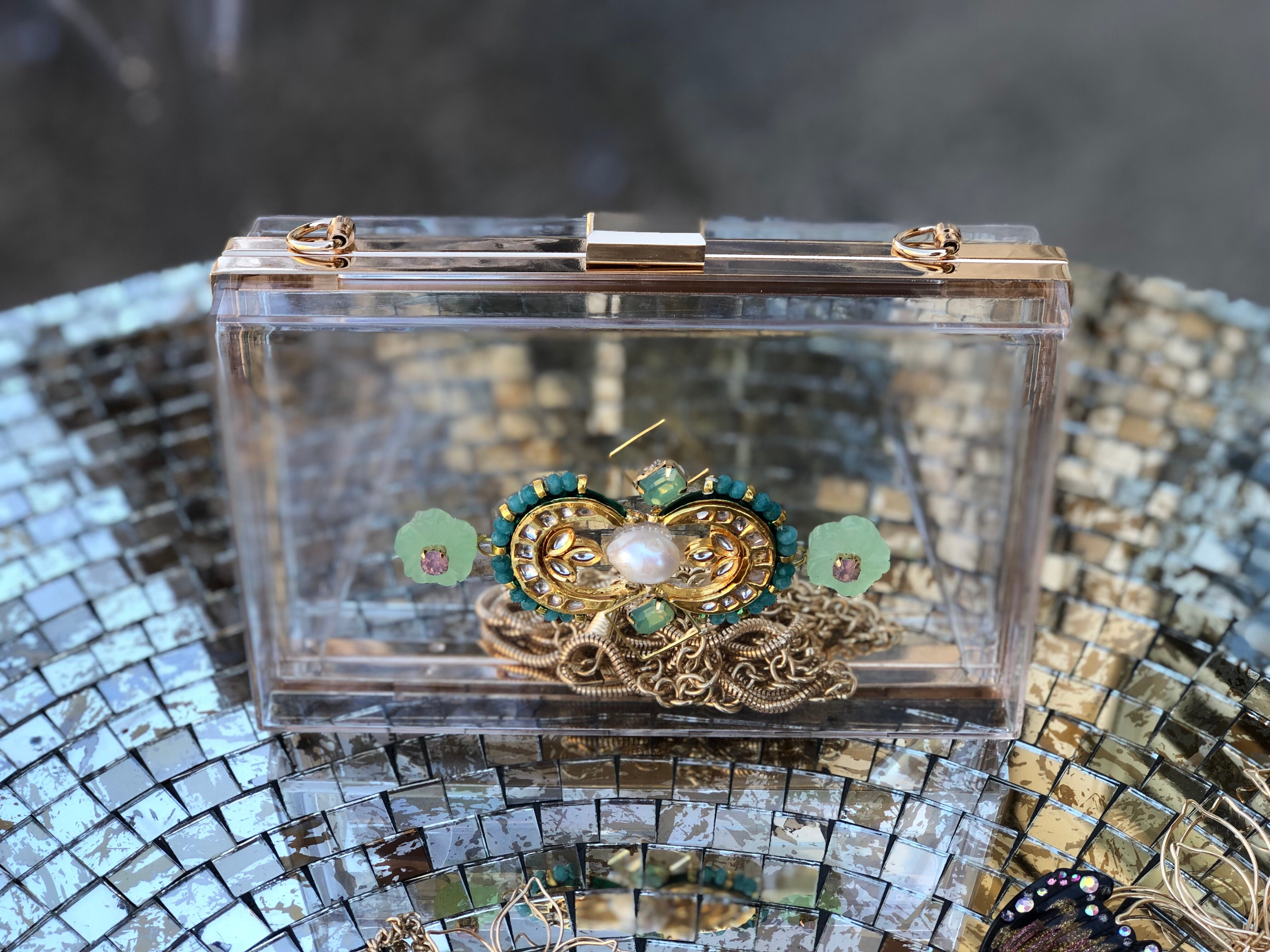 Clear embellished box clutch
